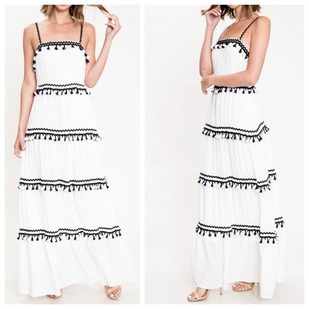 L’ATISTE Tiered White & Black Maxi Dress – Tassel Trim | Size XS - Picture 2 of 13